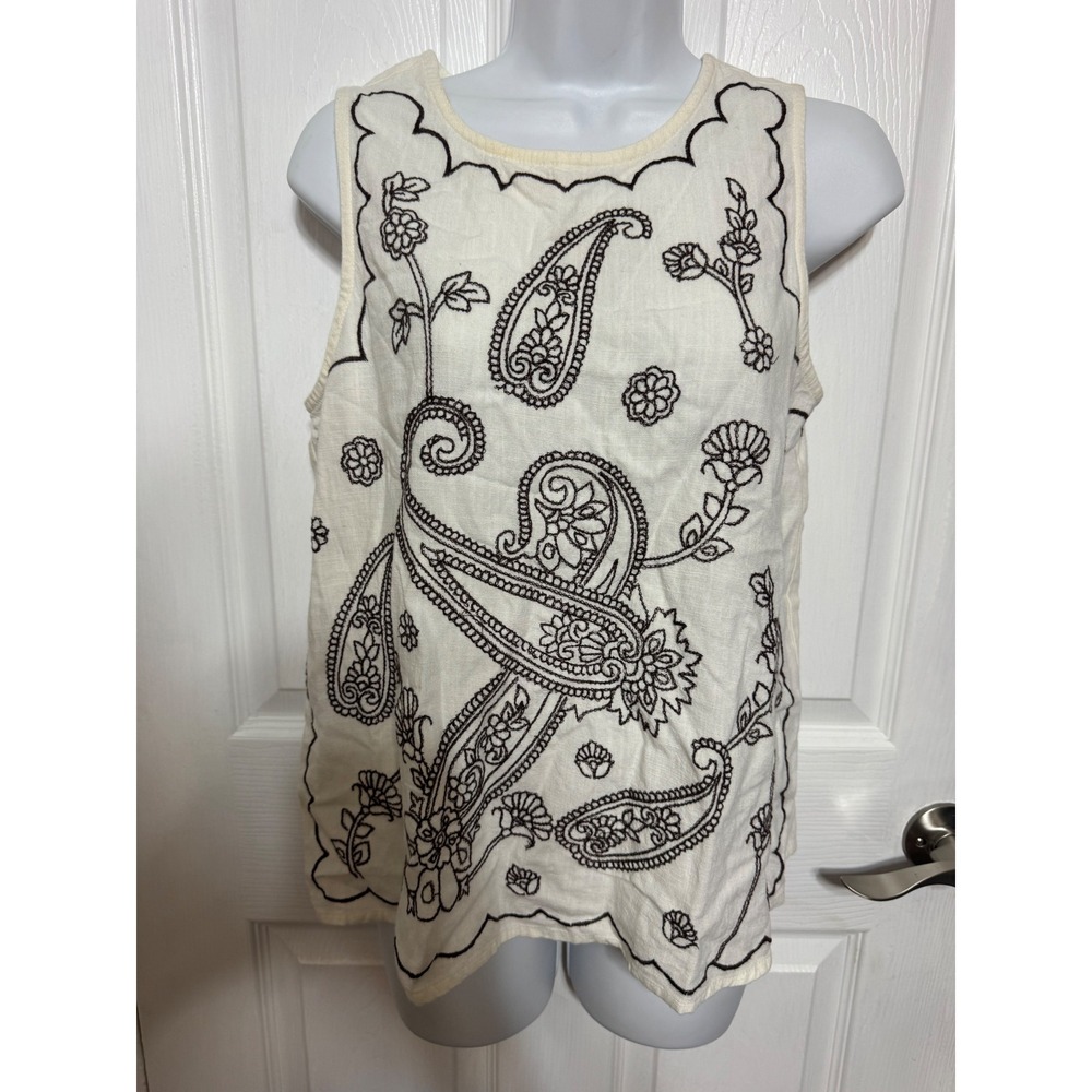 Daytrip Cream Embroidered Paisley Linen Blend Tank Top Small NWT